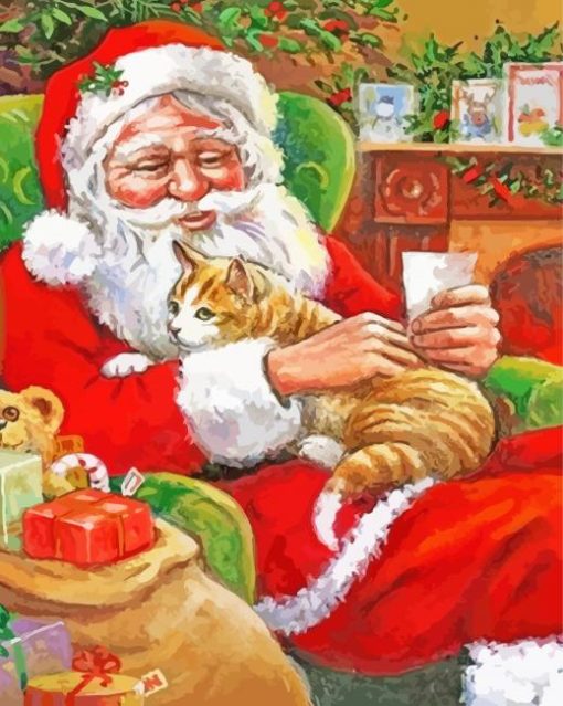 Christmas Santa With Cat Diamond Paintings